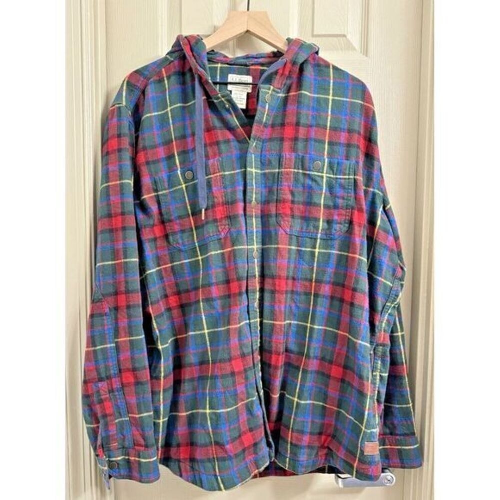 L.L. Bean Mens XL Scotch Tartan‎ Blue Plaid Flannel Hooded Shirt Slightly Fitted